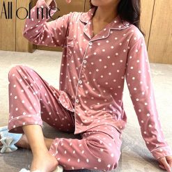 Pajamas Set Women Homewear Dot Pattren Long Sleeves Pink Blue Pijamas Sets Soft Pyjamas Female Lingerie Sleepwear Suit for Girls
