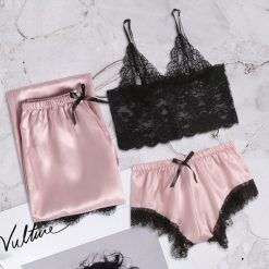Sleepwear Female Lace Lingerie Satin Nightwear Sexy Women V-Neck Sleeveless Night Tops Short Long Pant Lingerie 3PC Suits #1