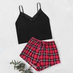 Fashion Sexy V-Neck Sling Sleepwear Pajama Lingerie Underwear Pajamas Set Plaid Shorts Lightweight Homewear Pyjama Ladies Pajama