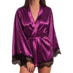 Women Satin Nightdress Silk Lingerie Nightgown Sleepwear Lace Sexy Solid color Dressing Gown Robes Breathable home clothes #3