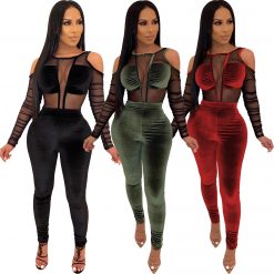 Women Velvet Mesh Patchwork Jumpsuit Sexy Long Sleeve Elegant Rompers Autumn Winter See Through Long Overalls Plus Size