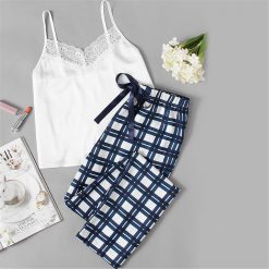 Plaid Printing Pyama Set Womens Sleeveless Lace Embellished Camisole Shorts Set Lingerie Set Sexy Home Suit Pijama Feminino