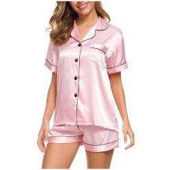 Fashion Womens Silk Satin Lingerie Pajamas Set Short Sleeve Solid Colors Tops Short Babydoll Sleepwear Loungewear Nightwear#g3