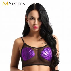 US Stock Womens See Through Sheer Mesh Bras Lingerie Sexy Metallic Mermaid Sea Shell Bralette Night Club Festival Rave Bra Tops