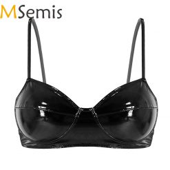 MSemis Black Womens Lingerie Fashion Wetlook Faux Leather Bra Sexy Wire-free No Pad Bra Top for Women for Raves Dances Clubwear