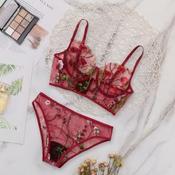 Flower Leaves Embroidery Lingerie Set Women Sexy Nightwear Transparent Mesh Bra Panties Sets Exotic Underwear Bielizna Damska