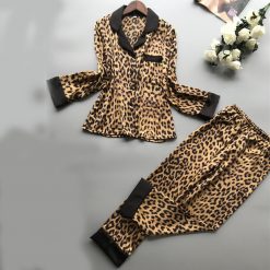 Womens Sexy Satin Leopard pyjamas women Long Sleeve Pants Lingerie Nightwear Underwear Set sexy lingerie pajamas for women 2020