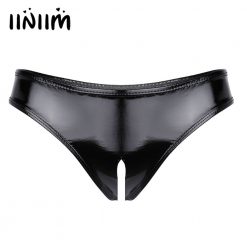 Sexy Women Exotic Lingerie Panties Wet Look Bedtime Patent Leather Open Crotch High Cut Mini Briefs Underwear Underpants