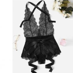 Women Eyelash Lace Criss Cross Romper Sexy Lingerie Siamese Sleepwear Bodysuit combinaison lingerie sexy bodysuit erotic