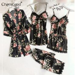 5pc Sexy Lace Satin Robe Bathrobe Trousers Shorts Lingerie Set Pajamas Sleepwear Nightgown Womens Pajamas Sleepwear Summer