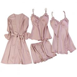 Sexy 4-piece pajamasSatin Silk Pajamas Women Nightdress Lingerie Robes Underwear Sleepwear Sexy Feihe printed satin pajamas