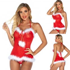 Ladies Sexy See-through Lingerie Lace White Plush Side Lingerie Christmas Halterneck Jumpsuit Classic Bandage Thin Pink Bra