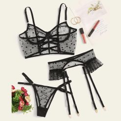 Sexy Mesh Lingerie Set With Garter Women Lace Bra+garter+briefs Underwear Set Babydoll Cut-out Sleepwear Ladies Ap4