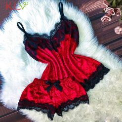 Pyjamas Women Velvet Bow Sleepwear Sleeveless Strap Nightwear Lace Trim Cami Top Pajama Sets Femme Sexy Lingerie Summer 19Dec