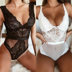 New Womens Sexy Lace Bodysuit Sexy Lingerie Sleeveless V Neck Stretch Leotard Sexy One-piece Pajamas