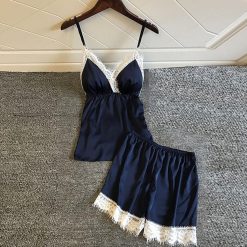 lingerie Women's lace satin pajamas 2-piece set sexy bow tie black lace sling pure color silky shorts temptation pajamas pijama