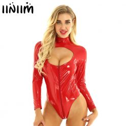 Womens Femal Catsuit Wetlook Evening Party Leather Body Latex Lingerie Costumes Pole Dancing Clubwear Breast Hollow Out Bodysuit