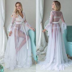 2020 Sexy Transparent lace gauze nightdress maxi Women Underwear White Lingerie Long Sleeve Pajamas Long Skirt Bikini  #3