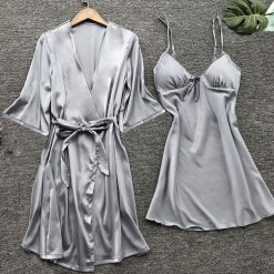 Women Stain Lace Silk Lingerie Nightdress Robe Pajamas Bathrobe Sleepwear Set satin home wear silk pyjamas women sets sleepwear