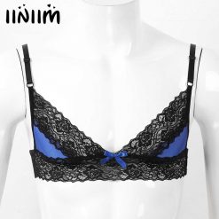 Mens Male Gay Erotic Lingerie Bras Wedding Spaghetti Straps Floral Lace Trim Wire-free Unlined Bra Tops