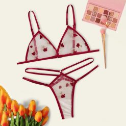 Women Lingerie New Sexy Mesh Embroidery Flower Ruffles Bra With G-string Thong Underwear Lingerie Set