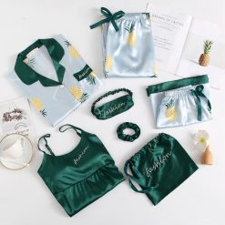 7PC Silk Women Lingerie Camisole Print Shorts Pant Pajamas Temptation Babydoll Nightwear Cute Cami Top and Shorts Femme Home